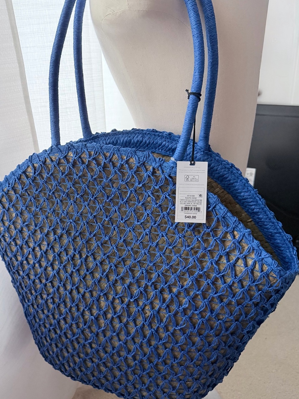 NEW-Target Blue Woven Tote Bag with Wrapped Handles